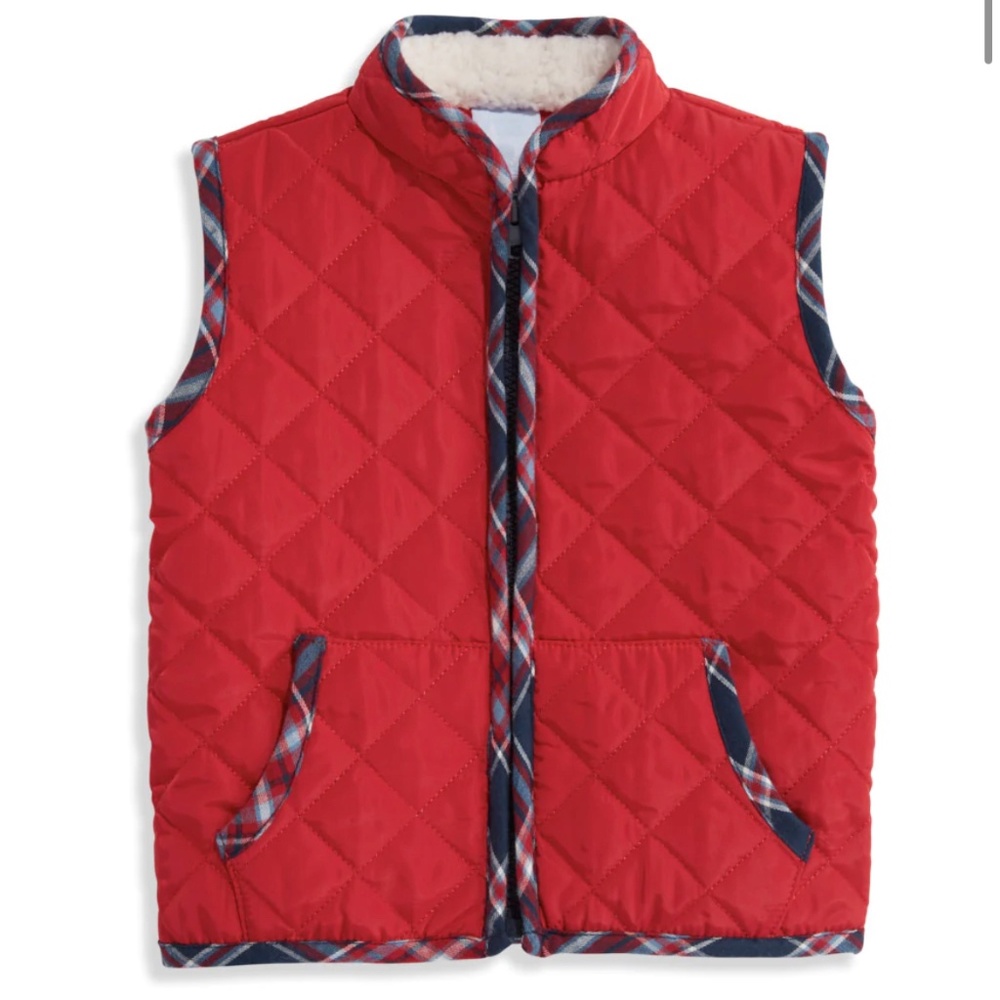 Bella Bliss Printed Trim Puffer Vest, Red Covington Plaid 2T